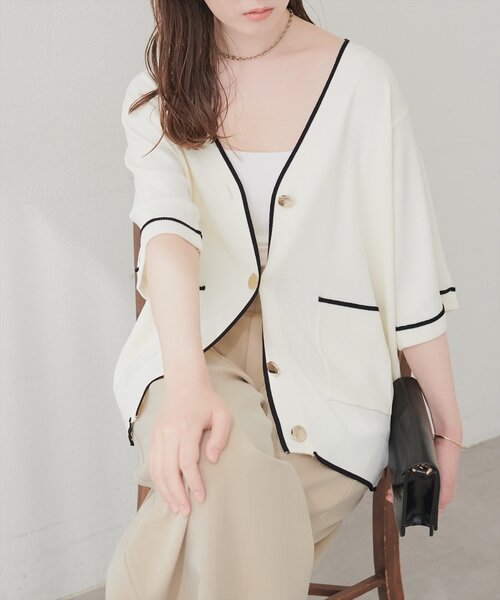 natural couture(ナチュラルクチュール)の「接触冷感UVアンチピリング ポケット付き配色半袖ニットカーディガン(カーディガン/ボレロ・レディース・オフホワイト/ピンク/ブラック/ネイビー・FREE)」の1枚目の写真