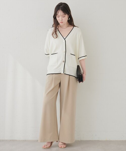 natural couture(ナチュラルクチュール)の「接触冷感UVアンチピリング ポケット付き配色半袖ニットカーディガン(カーディガン/ボレロ・レディース・オフホワイト/ピンク/ブラック/ネイビー・FREE)」の9枚目の写真
