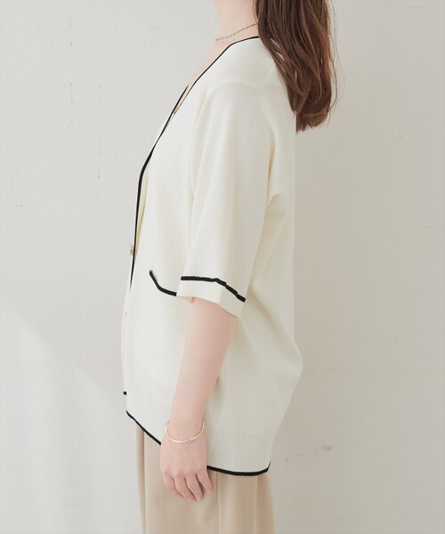 natural couture(ナチュラルクチュール)の「接触冷感UVアンチピリング ポケット付き配色半袖ニットカーディガン(カーディガン/ボレロ・レディース・オフホワイト/ピンク/ブラック/ネイビー・FREE)」の11枚目の写真