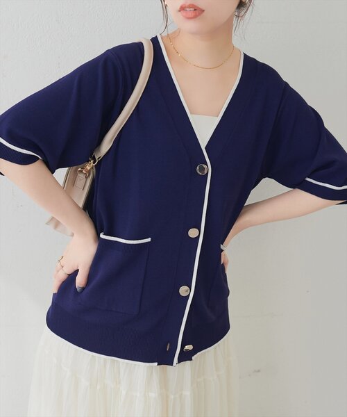 natural couture(ナチュラルクチュール)の「接触冷感UVアンチピリング ポケット付き配色半袖ニットカーディガン(カーディガン/ボレロ・レディース・オフホワイト/ピンク/ブラック/ネイビー・FREE)」の21枚目の写真