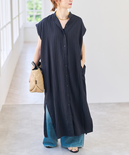 Spick & Span(スピックアンドスパン)の「《別注カラー有り》MARSALAストライプシャツワンピース(ワンピース・レディース・ネイビー/ブラウン・38/36)」の2枚目の写真