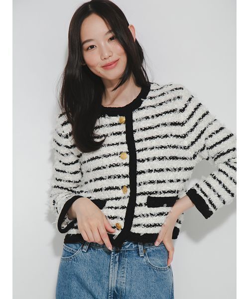 FURFUR(ファーファー)の「ファンシーツイードカーディガン(カーディガン/ボレロ・レディース・ライトブルー/ブラック/アイボリー・F)」の2枚目の写真