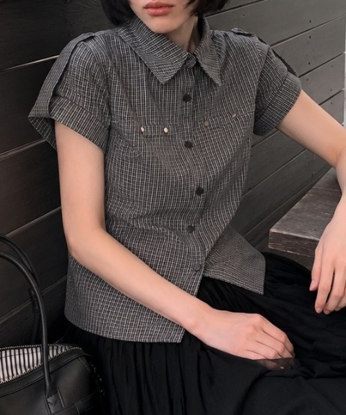 Sibra(シブラ)の「3color クラシカルミニチェックパフスリーブシャツ(シャツ/ブラウス・レディース・カーキ/サックスブルー/グレー・M)」の10枚目の写真