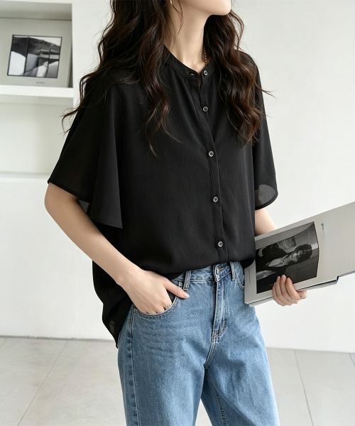 Miniministore(ミニミニストア)の「シアーシャツブラウス バンドカラー韓国風(シャツ/ブラウス・レディース・ブラック/ホワイト/ロイヤルブルー・FREE)」の5枚目の写真