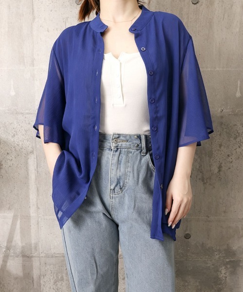 Miniministore(ミニミニストア)の「シアーシャツブラウス バンドカラー韓国風(シャツ/ブラウス・レディース・ブラック/ホワイト/ロイヤルブルー・FREE)」の15枚目の写真
