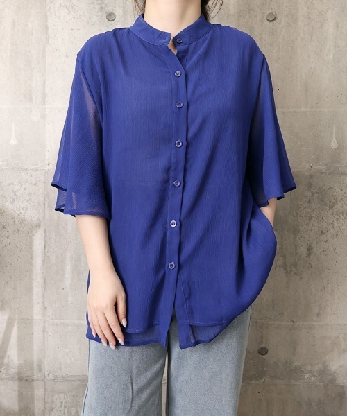Miniministore(ミニミニストア)の「シアーシャツブラウス バンドカラー韓国風(シャツ/ブラウス・レディース・ブラック/ホワイト/ロイヤルブルー・FREE)」の16枚目の写真