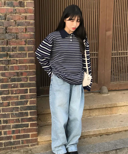 TTUDEMENT(トュードメント)の「STRIPE LONG SLEEVE POLO KNIT_NAVY(ニット/セーター・レディース・その他・FREE)」の1枚目の写真