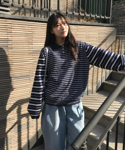 TTUDEMENT(トュードメント)の「STRIPE LONG SLEEVE POLO KNIT_NAVY(ニット/セーター・レディース・その他・FREE)」の2枚目の写真