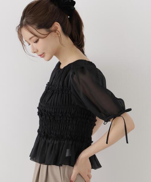PROPORTION BODY DRESSING(プロポーションボディドレッシング)の「<a>シャーリングフリルパフブラウス / 1216210811(シャツ/ブラウス・レディース・ホワイト/ホワイト系その他/ブラック・FREE)」の4枚目の写真