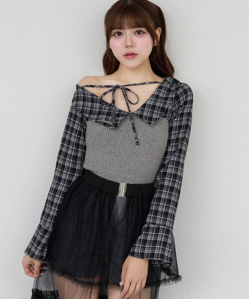 Bell charme ベルシャルム チェックニットトップス ブラック Belle Charme】Check Docking Knit Tops（ニット/セーター）｜Belle