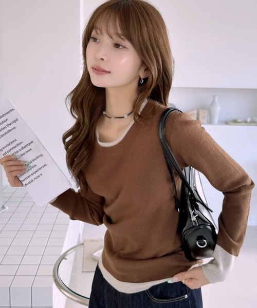 Ada.(エイダ)の「バイカラーリブ切替 クルーネック ニット プルオーバー(ニット/セーター・レディース・オートミール/グレー/ブラウン/チャコール・FREE)」の1枚目の写真
