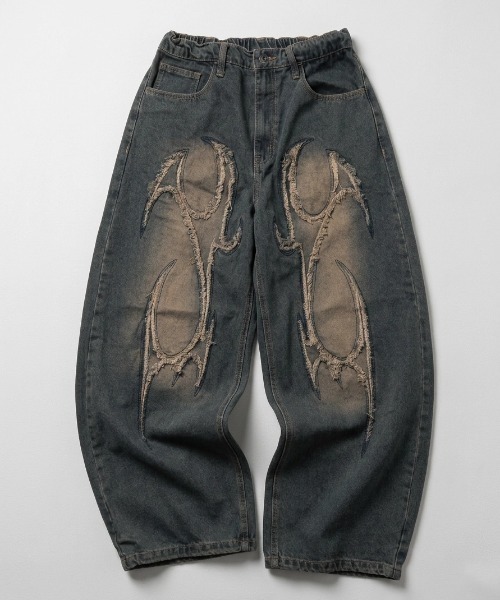 MARUKAWA（マルカワ）の「2026AW VINTAGE WASHED WIDEBAGGY CURVED DENIM フリンジダメージ ワイドバギー カーブデニムパンツ（デニムパンツ・メンズ・ブラック系その他/ブラック系その他2/ブルー系その他/ブラック系その他4/ブルー系その他2/ブラック系その他3・M/L）」の6枚目の写真