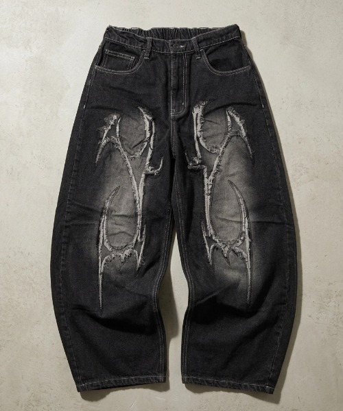 MARUKAWA（マルカワ）の「2026AW VINTAGE WASHED WIDEBAGGY CURVED DENIM フリンジダメージ ワイドバギー カーブデニムパンツ（デニムパンツ・メンズ・ブラック系その他/ブラック系その他2/ブルー系その他/ブラック系その他4/ブルー系その他2/ブラック系その他3・M/L）」の12枚目の写真