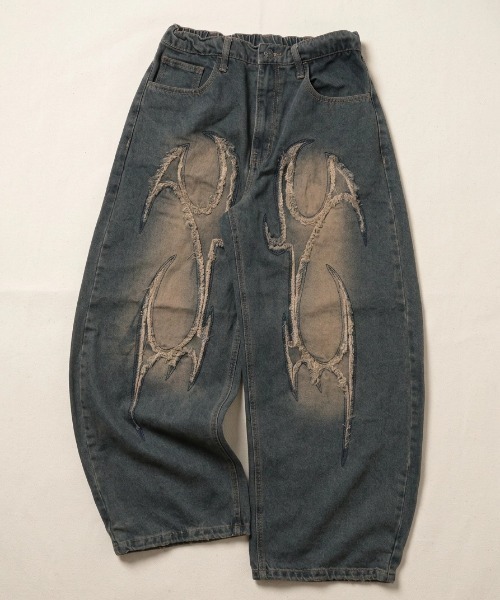MARUKAWA（マルカワ）の「2026AW VINTAGE WASHED WIDEBAGGY CURVED DENIM フリンジダメージ ワイドバギー カーブデニムパンツ（デニムパンツ・メンズ・ブラック系その他/ブラック系その他2/ブルー系その他/ブラック系その他4/ブルー系その他2/ブラック系その他3・M/L）」の9枚目の写真