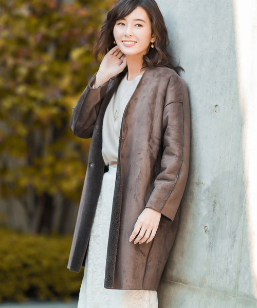 30 割引freeビッグ割引 フェイクムートンリバーシブルノーカラー ムートンコート ジャケット アウターfree Epi No Com Br