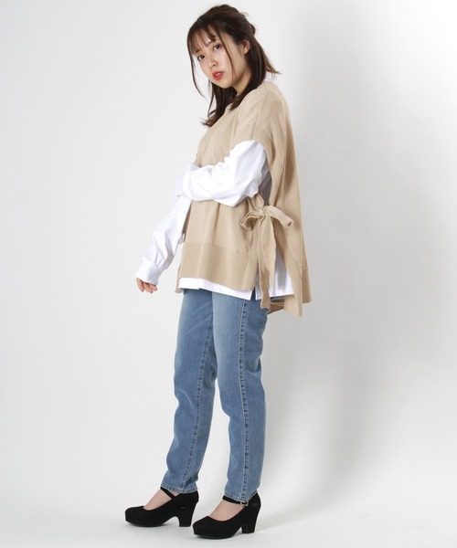 make a ray!(メイク ア レイ!)の「ミラノリブサイドリボンニットベスト/レイヤードスタイル/ジレ(ベスト・レディース・ライトブルー/ベージュ/ミント・M/L)」の7枚目の写真