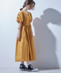 ミドル丈パフスリーブボリュームコットンワンピース