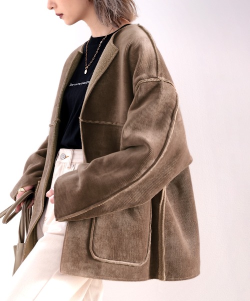 classicalelf（クラシカルエルフ）の「1枚でこなれ感。コーデュロイ×ボア2wayリバーシブルブルゾン（ノーカラージャケット・レディース・ベージュ/ブラウン/アイボリー・LARGE/MEDIUM/X-LARGE）」の18枚目の写真