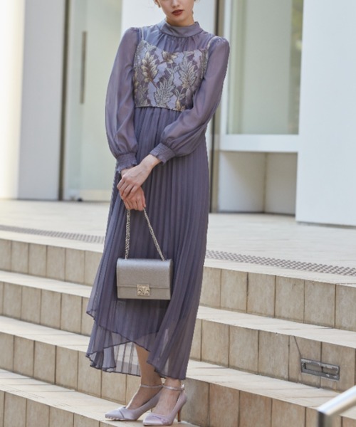 【未使用タグ付き✨】レースビスチェ×ボトルネックプリーツ結婚式ワンピースドレス 結婚式・パーティードレス】レースビスチェ×ボトルネック