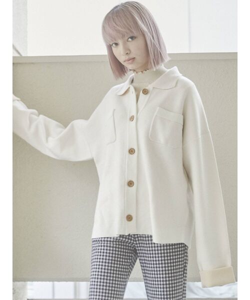 merry jenny(メリージェニー)の「バイカラーCPOニットジャケット(ノーカラージャケット・レディース・ブラック/オフホワイト/グリーン・FREE)」の5枚目の写真