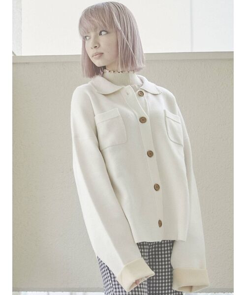 merry jenny(メリージェニー)の「バイカラーCPOニットジャケット(ノーカラージャケット・レディース・ブラック/オフホワイト/グリーン・FREE)」の8枚目の写真