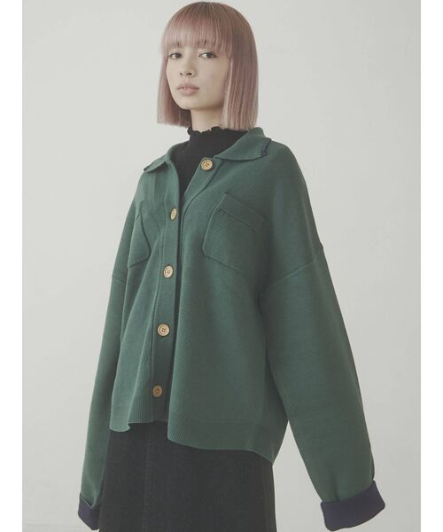 merry jenny(メリージェニー)の「バイカラーCPOニットジャケット(ノーカラージャケット・レディース・ブラック/オフホワイト/グリーン・FREE)」の13枚目の写真