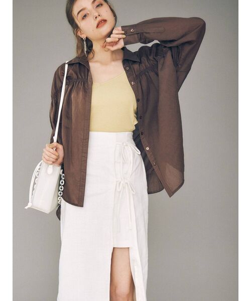MERCURYDUO（マーキュリーデュオ）の「シアーギャザーシャツ（シャツ/ブラウス・レディース・ブラウン/オフホワイト/ライム・FREE）」の4枚目の写真