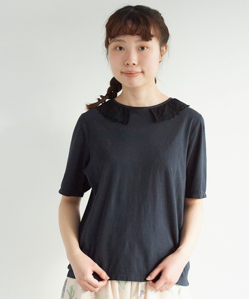 chambre de charme（シャンブルドゥシャーム）の「cdc 36/-天竺 衿レース5分袖Ｔ（Tシャツ/カットソー・レディース・ブラック/ホワイト・FREE）」の2枚目の写真