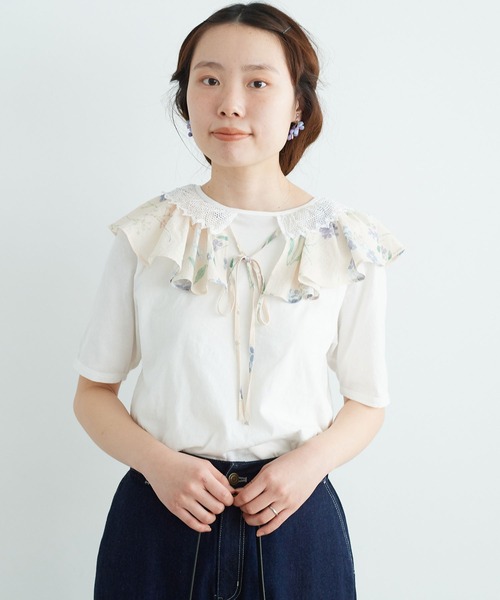 chambre de charme（シャンブルドゥシャーム）の「cdc 36/-天竺 衿レース5分袖Ｔ（Tシャツ/カットソー・レディース・ブラック/ホワイト・FREE）」の12枚目の写真