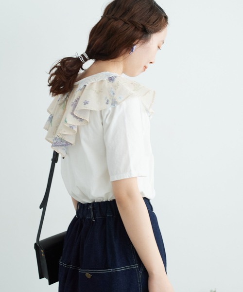 chambre de charme（シャンブルドゥシャーム）の「cdc 36/-天竺 衿レース5分袖Ｔ（Tシャツ/カットソー・レディース・ブラック/ホワイト・FREE）」の11枚目の写真