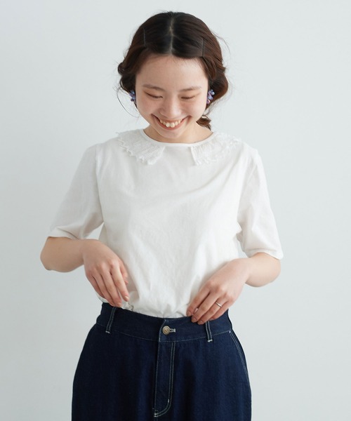 chambre de charme（シャンブルドゥシャーム）の「cdc 36/-天竺 衿レース5分袖Ｔ（Tシャツ/カットソー・レディース・ブラック/ホワイト・FREE）」の3枚目の写真