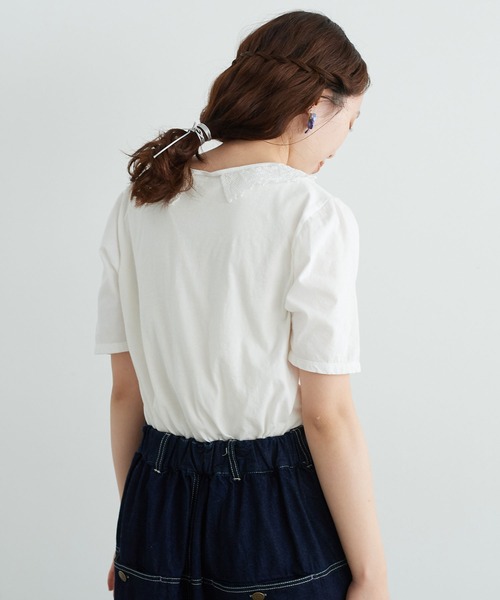 chambre de charme（シャンブルドゥシャーム）の「cdc 36/-天竺 衿レース5分袖Ｔ（Tシャツ/カットソー・レディース・ブラック/ホワイト・FREE）」の5枚目の写真