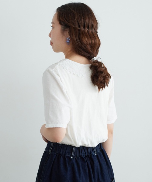 chambre de charme（シャンブルドゥシャーム）の「cdc 36/-天竺 衿レース5分袖Ｔ（Tシャツ/カットソー・レディース・ブラック/ホワイト・FREE）」の6枚目の写真