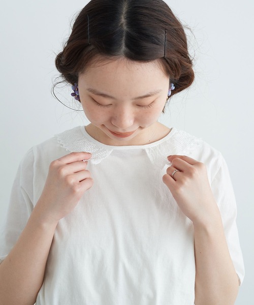 chambre de charme（シャンブルドゥシャーム）の「cdc 36/-天竺 衿レース5分袖Ｔ（Tシャツ/カットソー・レディース・ブラック/ホワイト・FREE）」の4枚目の写真