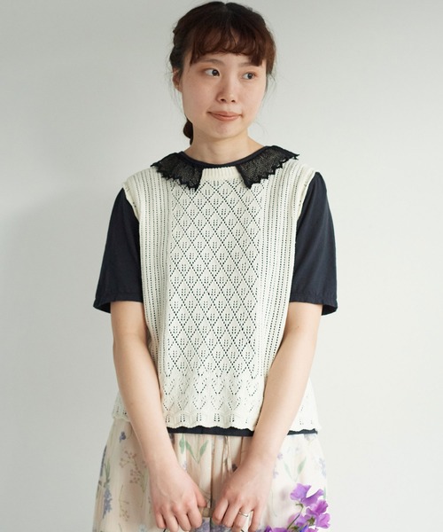 chambre de charme（シャンブルドゥシャーム）の「cdc 36/-天竺 衿レース5分袖Ｔ（Tシャツ/カットソー・レディース・ブラック/ホワイト・FREE）」の15枚目の写真