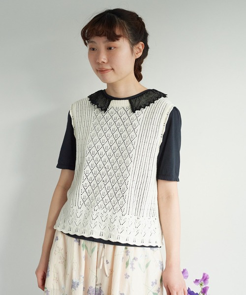 chambre de charme（シャンブルドゥシャーム）の「cdc 36/-天竺 衿レース5分袖Ｔ（Tシャツ/カットソー・レディース・ブラック/ホワイト・FREE）」の16枚目の写真