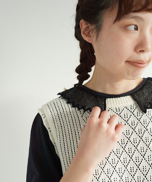 chambre de charme（シャンブルドゥシャーム）の「cdc 36/-天竺 衿レース5分袖Ｔ（Tシャツ/カットソー・レディース・ブラック/ホワイト・FREE）」の18枚目の写真