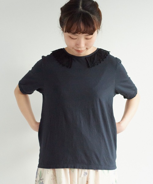 chambre de charme（シャンブルドゥシャーム）の「cdc 36/-天竺 衿レース5分袖Ｔ（Tシャツ/カットソー・レディース・ブラック/ホワイト・FREE）」の21枚目の写真