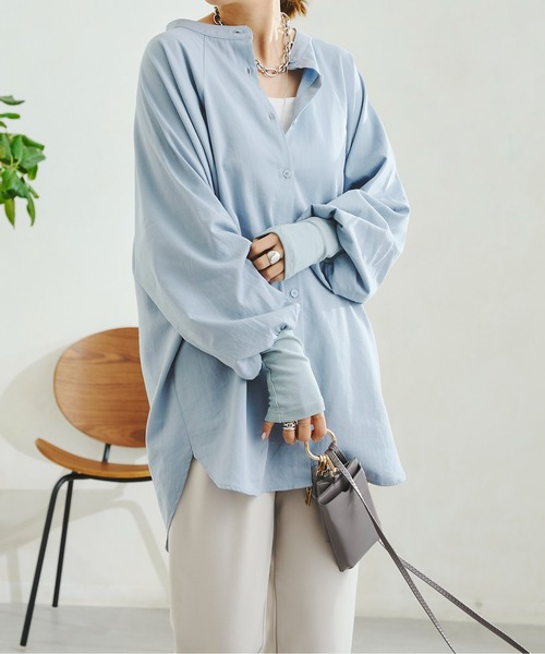 DouDou（ドゥドゥ）の「袖異素材切替シャツ（シャツ/ブラウス・レディース・ホワイト/ブルー・FREE）」の2枚目の写真