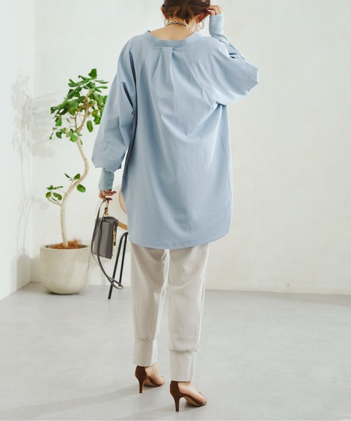 DouDou（ドゥドゥ）の「袖異素材切替シャツ（シャツ/ブラウス・レディース・ホワイト/ブルー・FREE）」の7枚目の写真