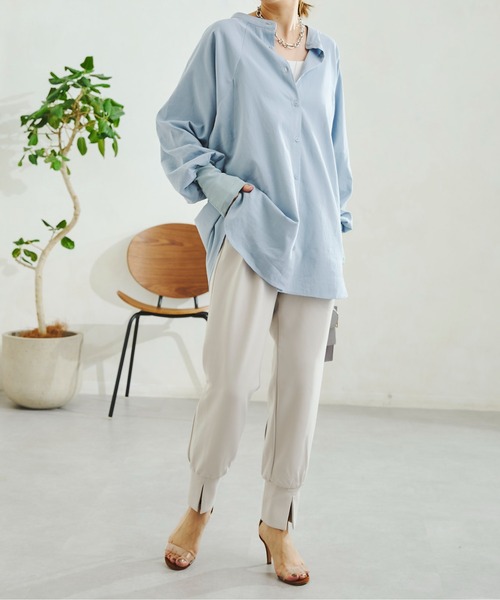 DouDou（ドゥドゥ）の「袖異素材切替シャツ（シャツ/ブラウス・レディース・ホワイト/ブルー・FREE）」の8枚目の写真