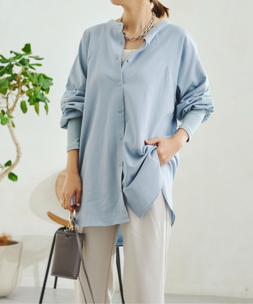 DouDou（ドゥドゥ）の「袖異素材切替シャツ（シャツ/ブラウス・レディース・ホワイト/ブルー・FREE）」の13枚目の写真
