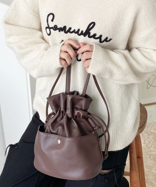 レザー巾着ショルダーバッグ　Lサイズ　ブラウン セール】【累計販売数2万個突破！】フェイクレザー巾着バッグ