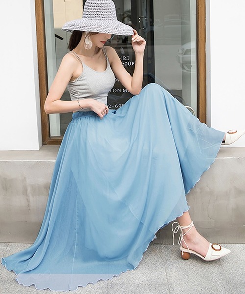 Grandeir（グランディール）の「シフォンフレアロングスカート（スカート・レディース・ブルーグレー/ワインレッド/ブラック/イエロー/ミント・M）」の2枚目の写真