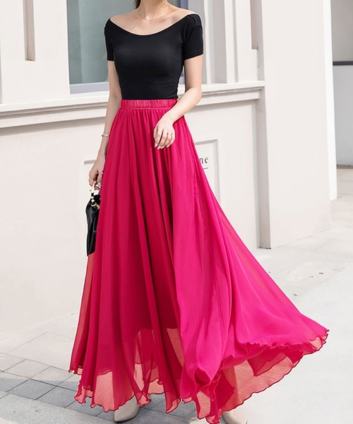 Grandeir（グランディール）の「シフォンフレアロングスカート（スカート・レディース・ブルーグレー/ワインレッド/ブラック/イエロー/ミント・M）」の9枚目の写真