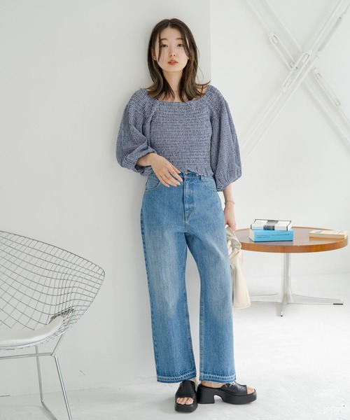 Kastane（カスタネ）の「ギンガムシャーリングブラウス（シャツ/ブラウス・レディース・ブラック/オフホワイト/ネイビー/イエロー・FREE）」の17枚目の写真