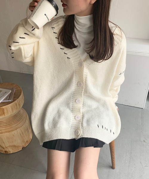 EPICKS（エピックス）の「配色ステッチオーバーサイズカーディガン（カーディガン/ボレロ・レディース・ブラック/ホワイト/グレー/アイボリー・F/L/M/XL）」の2枚目の写真