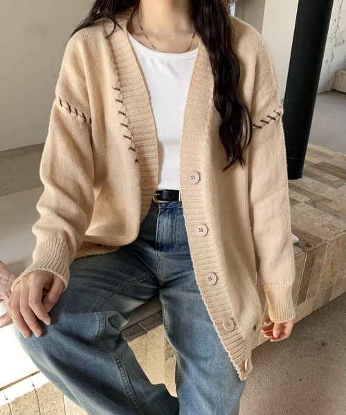 EPICKS（エピックス）の「配色ステッチオーバーサイズカーディガン（カーディガン/ボレロ・レディース・ブラック/ホワイト/グレー/アイボリー・F/L/M/XL）」の3枚目の写真