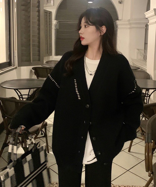 EPICKS（エピックス）の「配色ステッチオーバーサイズカーディガン（カーディガン/ボレロ・レディース・ブラック/ホワイト/グレー/アイボリー・F/L/M/XL）」の9枚目の写真