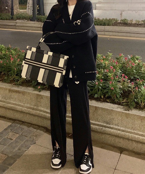 EPICKS（エピックス）の「配色ステッチオーバーサイズカーディガン（カーディガン/ボレロ・レディース・ブラック/ホワイト/グレー/アイボリー・F/L/M/XL）」の12枚目の写真